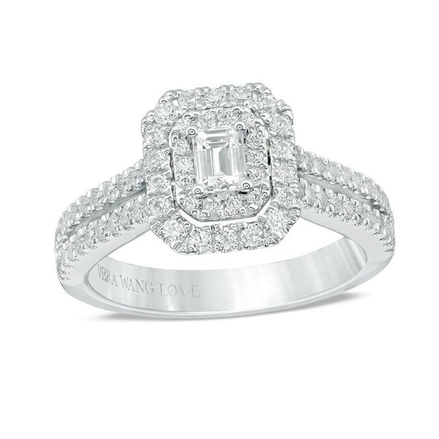 Vera Wang Love Collection 0.95 CT. T.W. Emerald-Cut Diamond Double Frame Engagement Ring in 14K White Gold|Peoples Jewellers