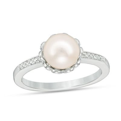 Vera Wang Love Collection 7.5-8.0mm Freshwater Cultured Pearl and Diamond Accent Ring in Sterling Silver|Peoples Jewellers