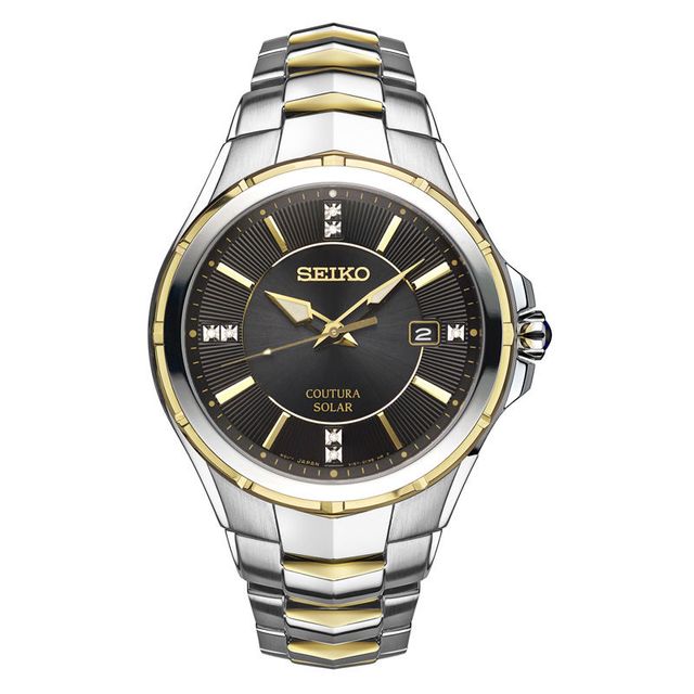Men's Seiko Coutura Solar Diamond Accent Two-Tone Watch with Black Dial (Model: SNE444)|Peoples Jewellers
