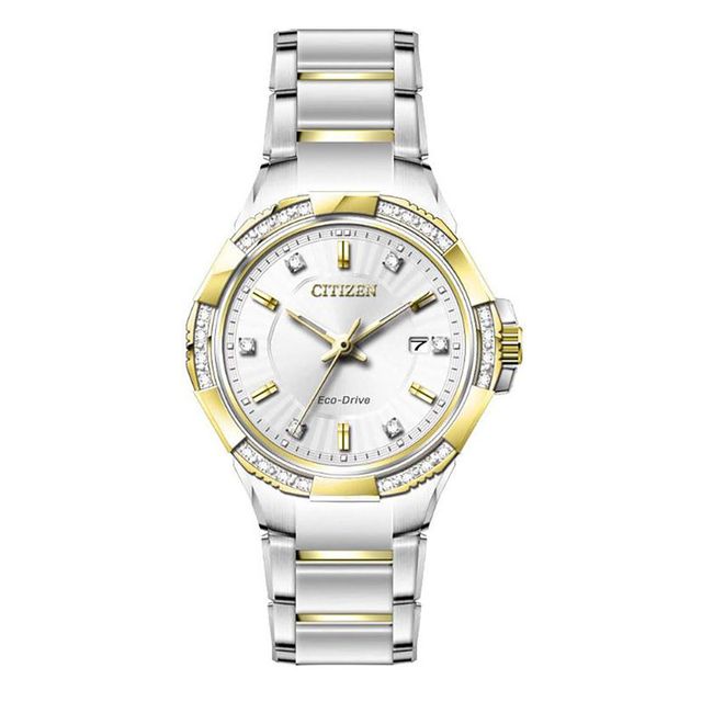 Ladies' Citizen Eco-Drive® Diamond Accent Two-Tone Watch with Silver-Tone Dial (Model: EW2464-55A)