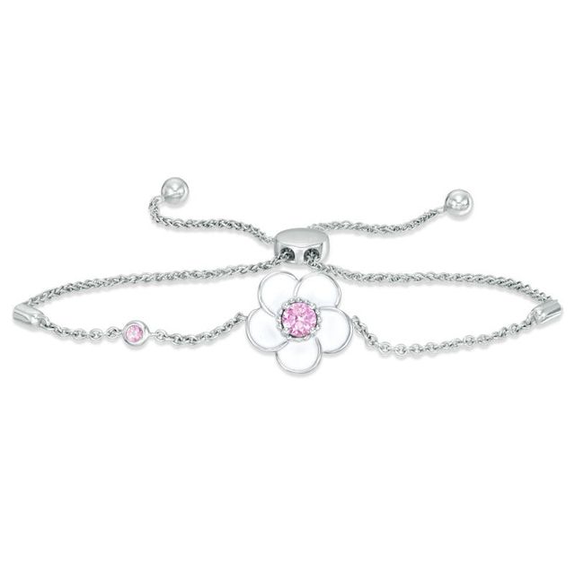 Blöem Lab-Created Pink Sapphire with White Enamel Plumeria Bolo Bracelet in Sterling Silver - 9"|Peoples Jewellers