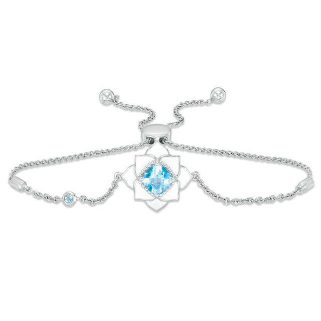 Blöem Cushion-Cut Swiss Blue Topaz with White Enamel Lotus Bolo Bracelet in Sterling Silver - 9"|Peoples Jewellers