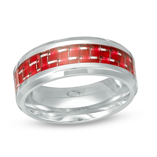 Men's 8.0mm Red Carbon Fibre Comfort Fit Wedding Band in Stainless Steel - Size 10|Peoples Jewellers