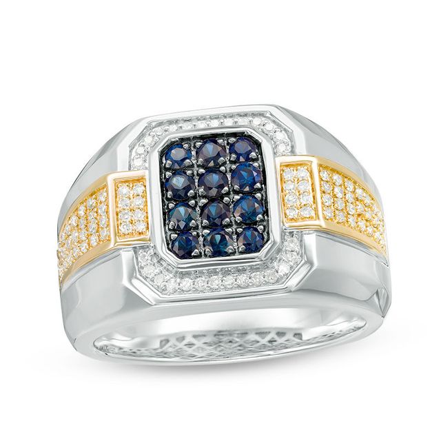 Men's Blue Sapphire and 0.25 CT. T.W. Diamond Signet Ring in 10K Two-Tone Gold|Peoples Jewellers