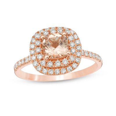 6.0mm Cushion-Cut Morganite and 0.35 CT. T.W. Diamond Double Frame Ring in 10K Rose Gold|Peoples Jewellers
