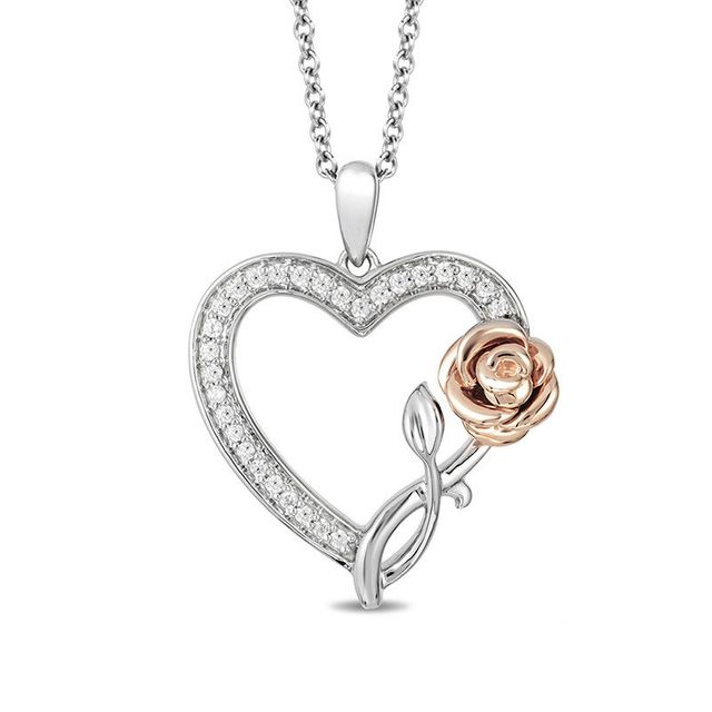 Enchanted Disney Belle 0.145 CT. T.W. Diamond Rose and Heart Pendant in Sterling Silver and 10K Rose Gold - 19"