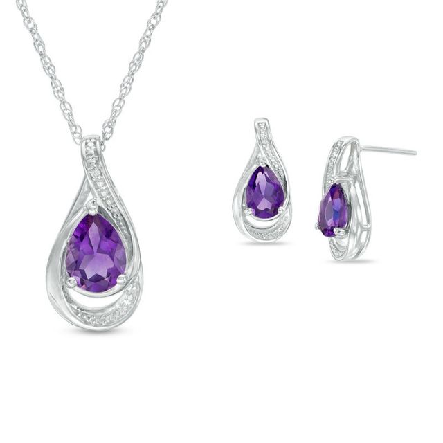 Amethyst and Lab-Created White Sapphire Teardrop Swirl Frame Pendant and Drop Earrings Set in Sterling Silver|Peoples Jewellers