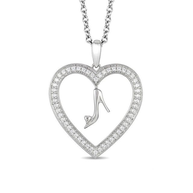 Enchanted Disney Cinderella 0.18 CT. T.W. Diamond Glass Slipper and Heart Pendant in Sterling Silver - 19"|Peoples Jewellers