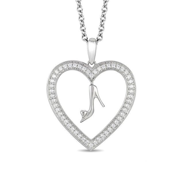 Enchanted Disney Cinderella 0.18 CT. T.W. Diamond Glass Slipper and Heart Pendant in Sterling Silver - 19"