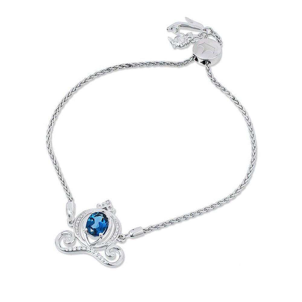 Enchanted Disney Cinderella Oval Blue Topaz and 0.085 CT. T.W. Diamond Carriage Bolo Bracelet in Sterling Silver - 9.5"|Peoples Jewellers