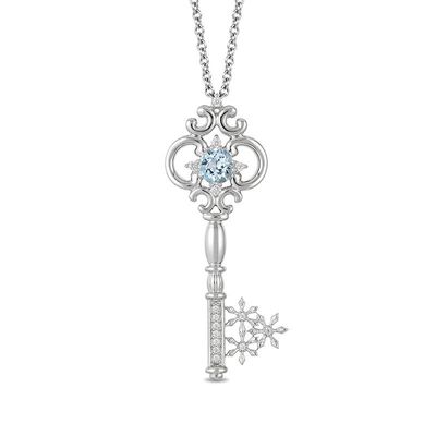 Enchanted Disney Elsa 5.0mm Aquamarine and 0.085 CT. T.W. Diamond Key Pendant in Sterling Silver - 19"|Peoples Jewellers