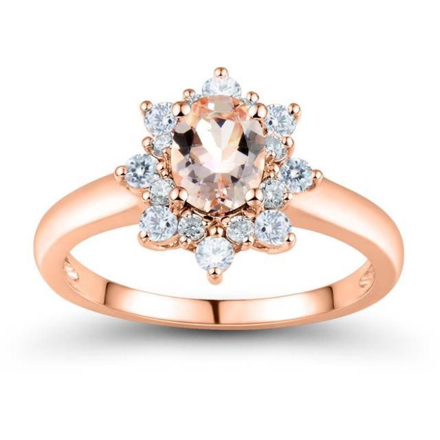 Oval Morganite and Lab-Created White Sapphire Sunburst Frame Ring in 10K Rose Gold|Peoples Jewellers