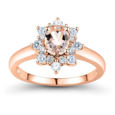 Oval Morganite and Lab-Created White Sapphire Sunburst Frame Ring in 10K Rose Gold|Peoples Jewellers