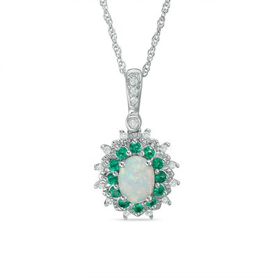 Oval Lab-Created Opal, Emerald and White Sapphire Floral Pendant in Sterling Silver|Peoples Jewellers