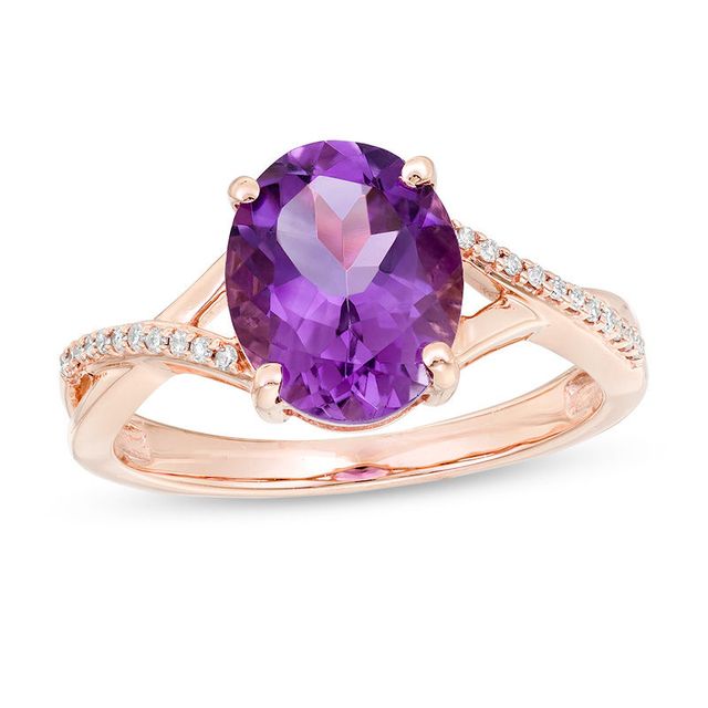 Oval Amethyst and 0.05 CT. T.W. Diamond Twist Shank Ring in 10K Rose Gold|Peoples Jewellers