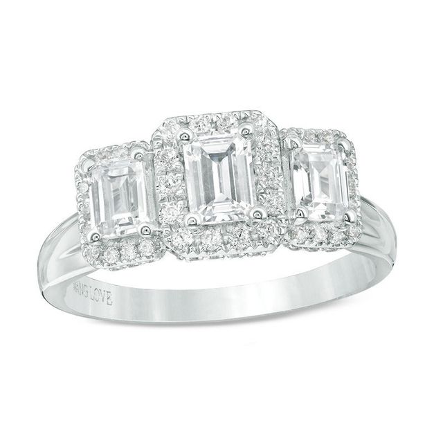 Vera Wang Love Collection 1.30 CT. T.W. Emerald-Cut Diamond Three Stone Frame Engagement Ring in 14K White Gold|Peoples Jewellers