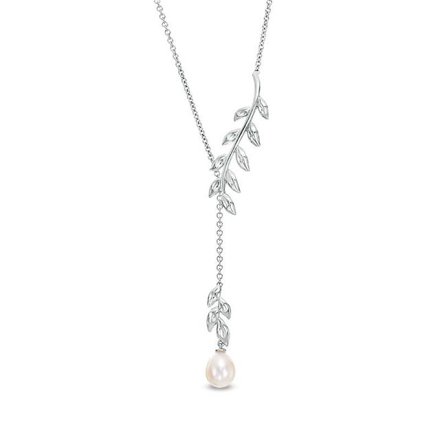 7.0-7.5mm Oval Freshwater Cultured Pearl Leafy Branch Lariat-Style Necklace in Sterling Silver-17"