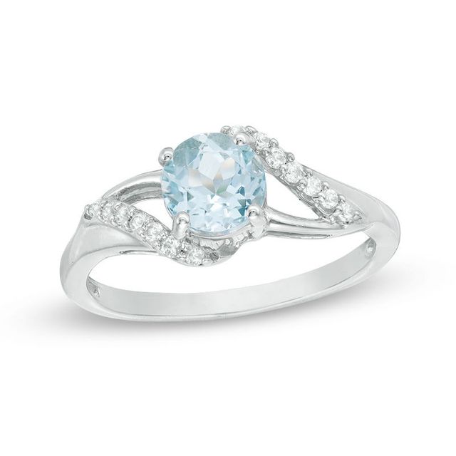 6.0mm Aquamarine and 0.09 CT. T.W. Diamond Bypass Split Shank Ring in 10K White Gold|Peoples Jewellers