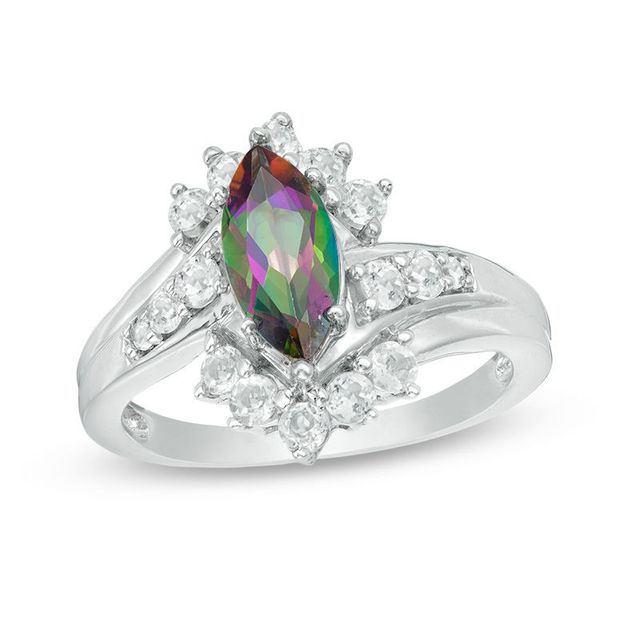 Marquise-Cut Mystic Fire® Topaz and Lab-Created White Sapphire Starburst Frame Bypass Ring in Sterling Silver|Peoples Jewellers