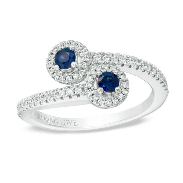 Vera Wang Love Collection Blue Sapphire and 0.18 CT. T.W. Diamond Bypass Ring in Sterling Silver|Peoples Jewellers