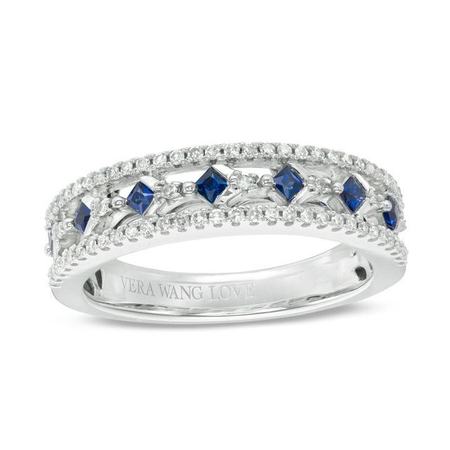 Vera Wang Love Collection Princess-Cut Blue Sapphire and 0.18 CT. T.W. Diamond Band in 14K White Gold|Peoples Jewellers