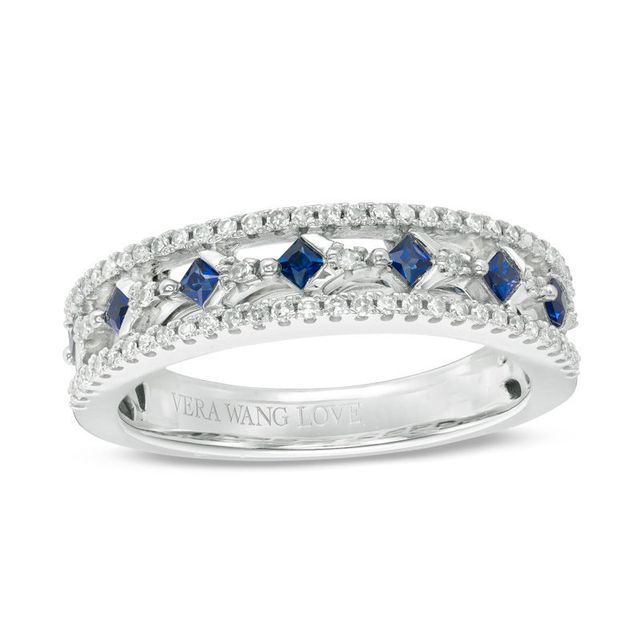 Vera Wang Love Collection Princess-Cut Blue Sapphire and 0.18 CT. T.W. Diamond Band in 14K White Gold