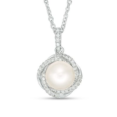 Vera Wang Love Collection 8.0-8.5mm Freshwater Cultured Pearl and 0.14 CT. T.W. Diamond Pendant in Sterling Silver-19"|Peoples Jewellers