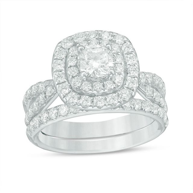 2.00 CT. T.W. Diamond Double Cushion Frame Bridal Set in 14K White Gold