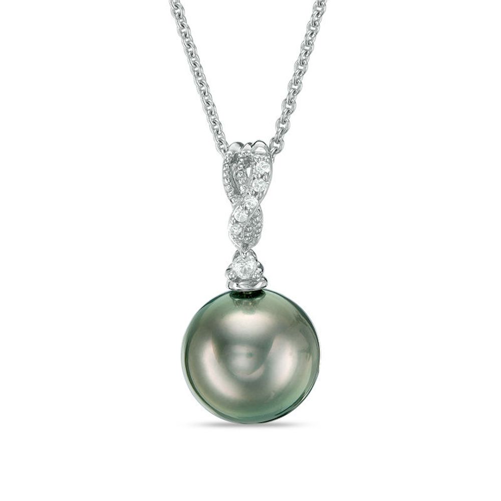 10.0mm Tahitian Cultured Pearl and Diamond Accent Vintage-Style Drop Pendant in 10K White Gold|Peoples Jewellers