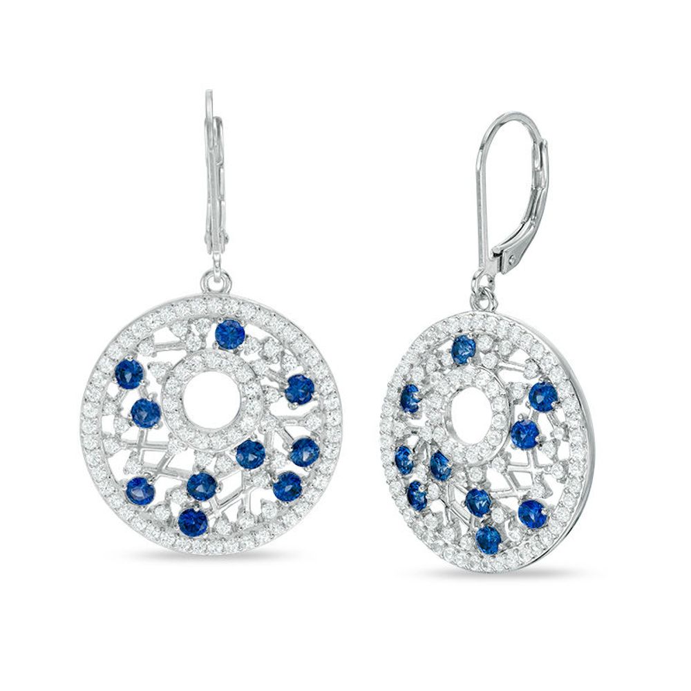 Lab-Created Blue and White Sapphire Lattice Circle Drop Earrings in Sterling Silver|Peoples Jewellers