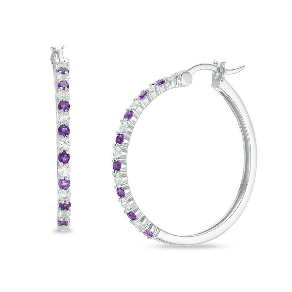 Amethyst and Lab-Created White Sapphire Alternating Small Hoop Earrings in Sterling Silver|Peoples Jewellers