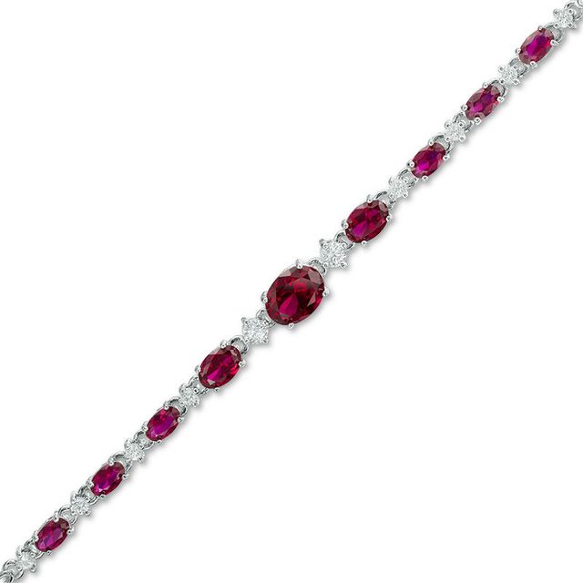 Oval Lab-Created Ruby and White Sapphire Alternating Bracelet in Sterling Silver - 7.25"