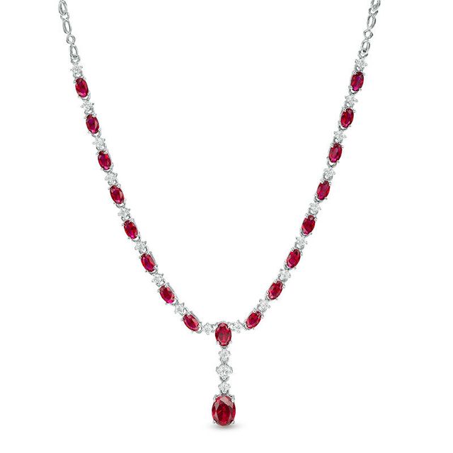 Oval Lab-Created Ruby and White Sapphire Alternating Drop Necklace in Sterling Silver - 17"|Peoples Jewellers