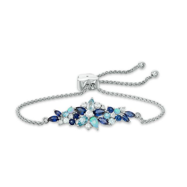 Blue Topaz, Lab-Created Blue Opal, Blue and White Sapphire Floral Bolo Bracelet in Sterling Silver - 9.0"|Peoples Jewellers
