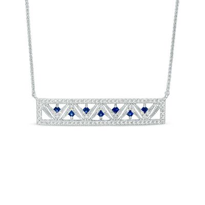 Vera Wang Love Collection Princess-Cut Blue Sapphire and 0.23 CT. T.W. Diamond Bar Necklace in 14K White Gold - 19"|Peoples Jewellers