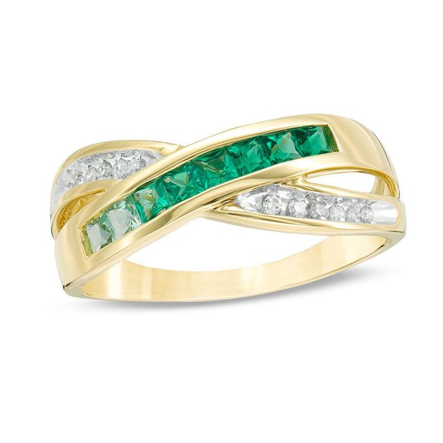 Princess-Cut Lab-Created Emerald and Diamond Accent Criss-Cross Band in 10K Gold