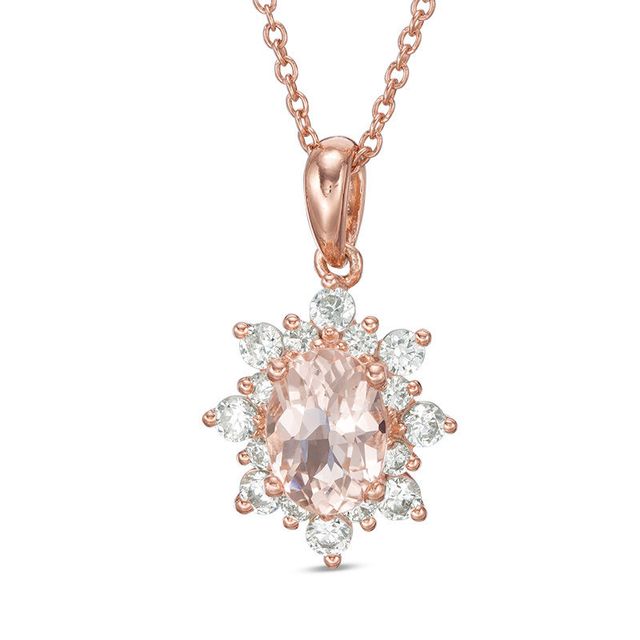 Oval Morganite and Lab-Created White Sapphire Sunburst Frame Pendant in 10K Rose Gold|Peoples Jewellers