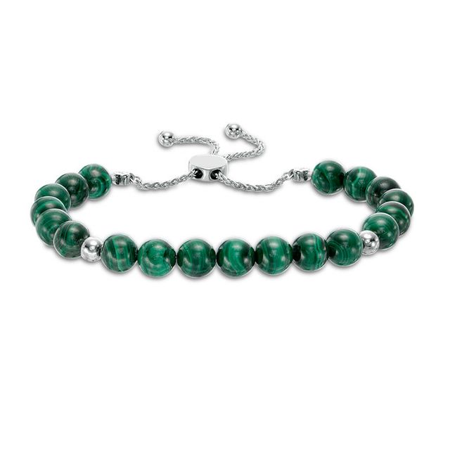 8.0mm Malachite and Polished Bead Bolo Bracelet in Sterling Silver - 9.0"|Peoples Jewellers