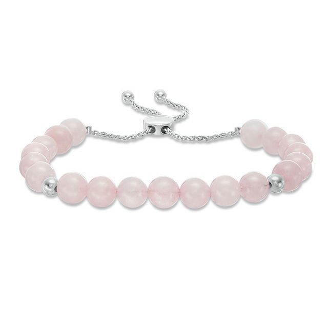 8.0mm Rose Quartz and Polished Bead Bolo Bracelet in Sterling Silver - 9.0"|Peoples Jewellers