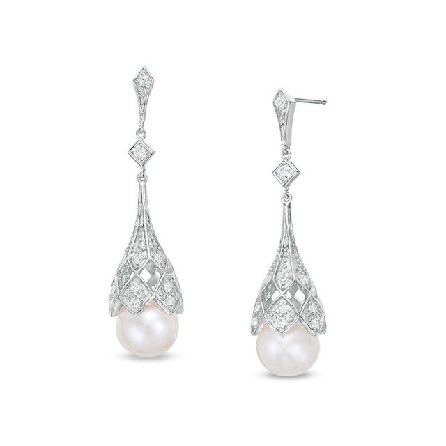 8.0-9.0mm Freshwater Cultured Pearl and Lab-Created White Sapphire Beaded Art Deco Drop Earrings in Sterling Silver|Peoples Jewellers