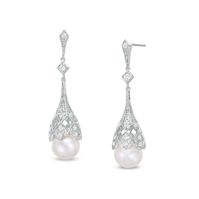 8.0-9.0mm Freshwater Cultured Pearl and Lab-Created White Sapphire Beaded Art Deco Drop Earrings in Sterling Silver