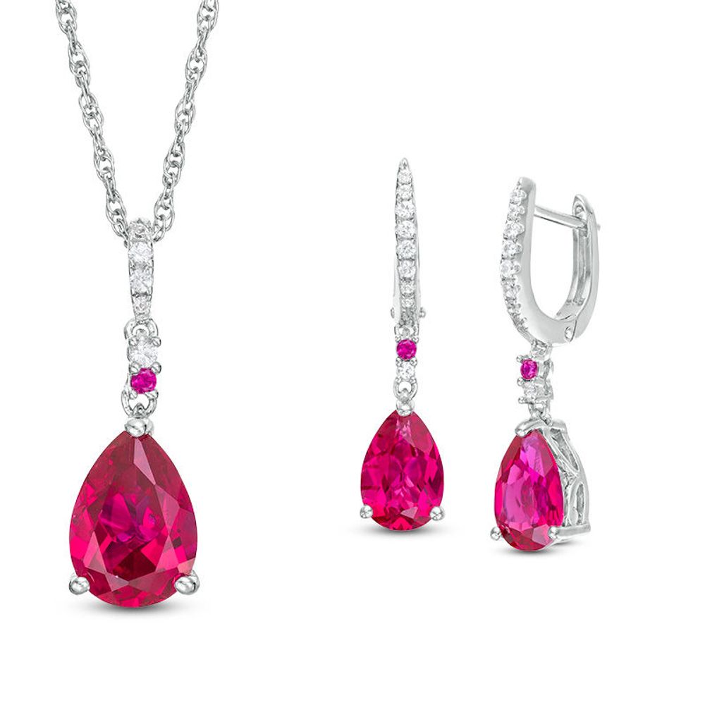 Pear-Shaped Lab-Created Ruby and White Sapphire Pendant and Drop Hoop Earrings Set in Sterling Silver|Peoples Jewellers