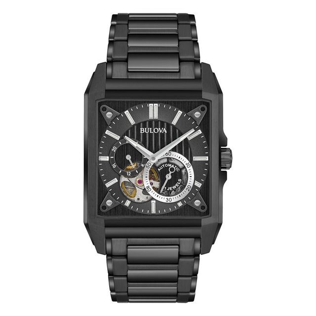 Men's Bulova Automatic Black IP Watch with Black Rectangular Skeleton Dial (Model: 98A180)|Peoples Jewellers