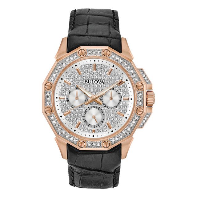 Men's Bulova Crystal Accent Rose-Tone Strap Watch with Silver-Tone Dial  (Model: 98C126)