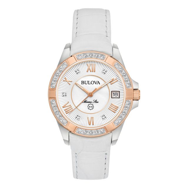 Ladies' Bulova Marine Star Diamond Accent Rose-Tone Strap Watch with Mother-of-Pearl Dial (Model: 98R233)|Peoples Jewellers