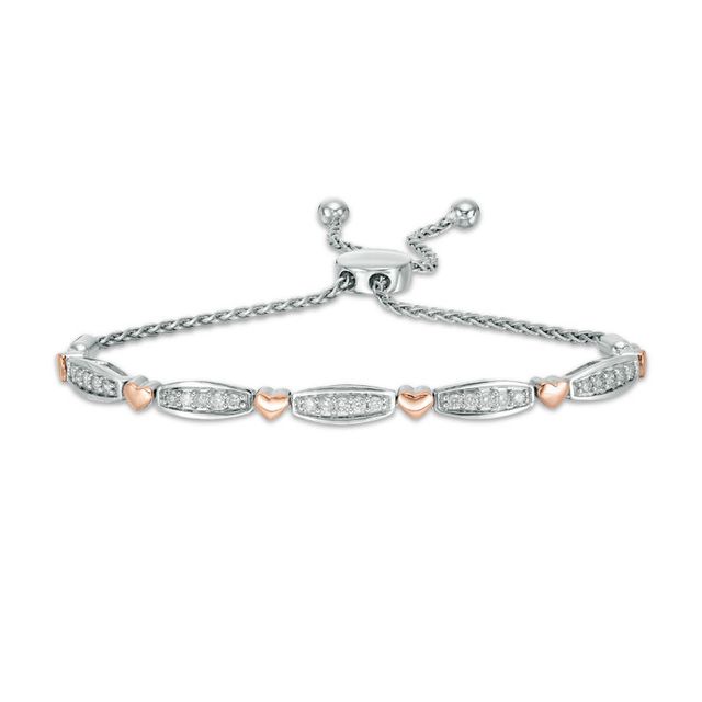 0.50 CT. T.W. Diamond Alternating Bar and Heart Bolo Bracelet in Sterling Silver and 10K Rose Gold - 9.5"|Peoples Jewellers