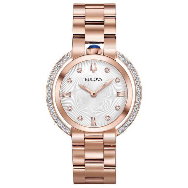 Ladies’ Bulova Rubaiyat 0.20 CT. T.W. Diamond Rose-Tone Watch with Silver-White Dial (Model: 98R248)|Peoples Jewellers