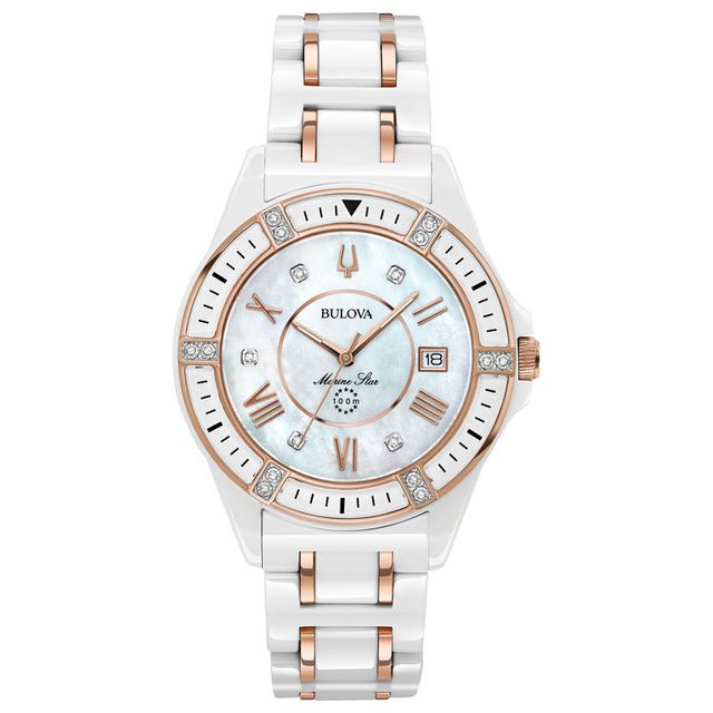 Ladies' Bulova Marine Star Diamond Accent Two-Tone Ceramic Watch with Mother-of-Pearl Dial (Model: 98R241)|Peoples Jewellers