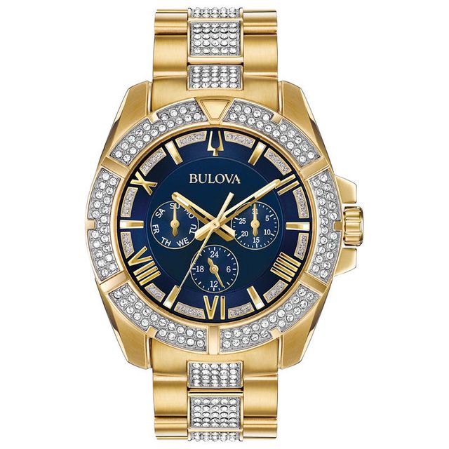 Men's Bulova Octava Crystal Accent Gold-Tone Watch with Blue Dial (Model: 98C128)|Peoples Jewellers