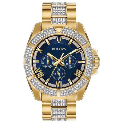 Men's Bulova Octava Crystal Accent Gold-Tone Watch with Blue Dial (Model: 98C128)|Peoples Jewellers
